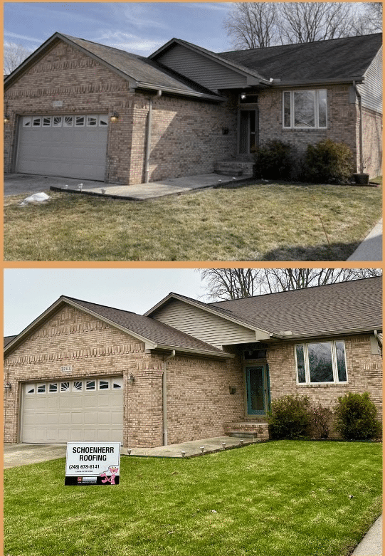 Before and after of a recently completed roof replacement for a one-story tan brick home.