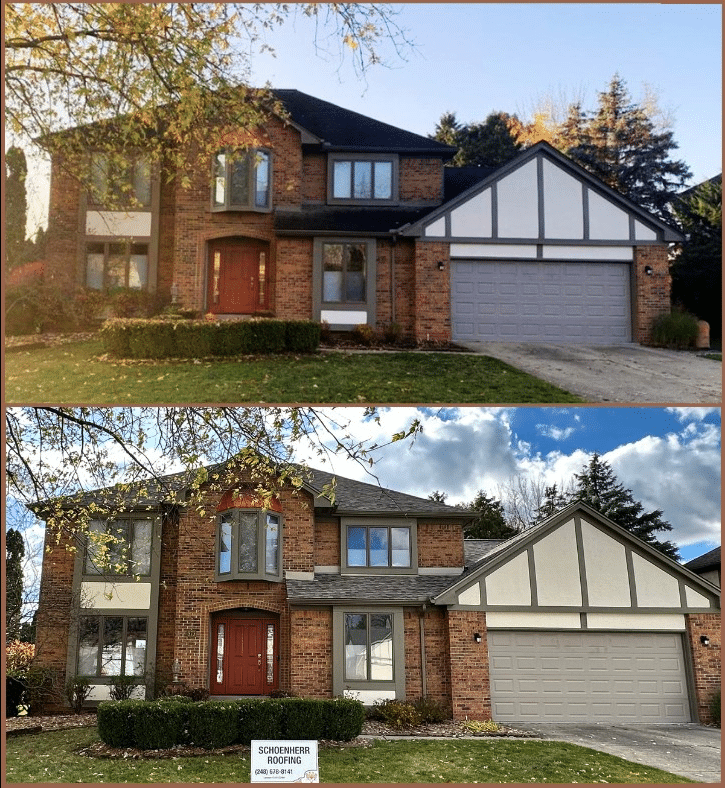 Large two-story brick home before and after roofing project. Before, black roof. After, driftwood-colored new roof.