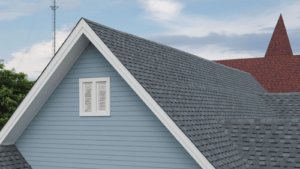Gray roof on blue siding house