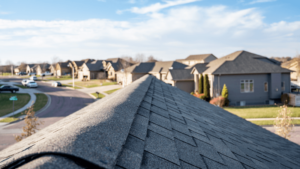 Close-up of roof with large neighborhood in the background.