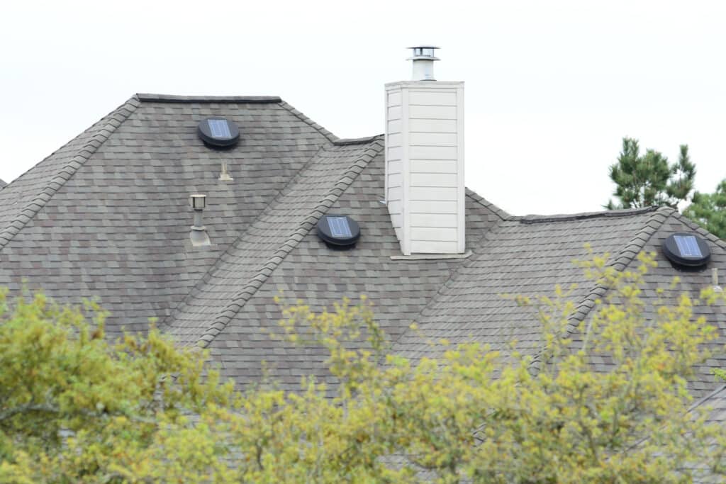Roof with asphalt shingles in the distance.